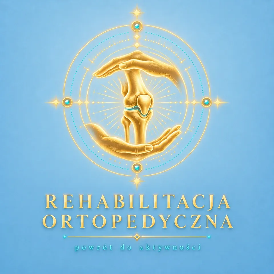 Rehabilitacja ortopedyczna — ilustracja stawu kolanowego otoczonego dłońmi