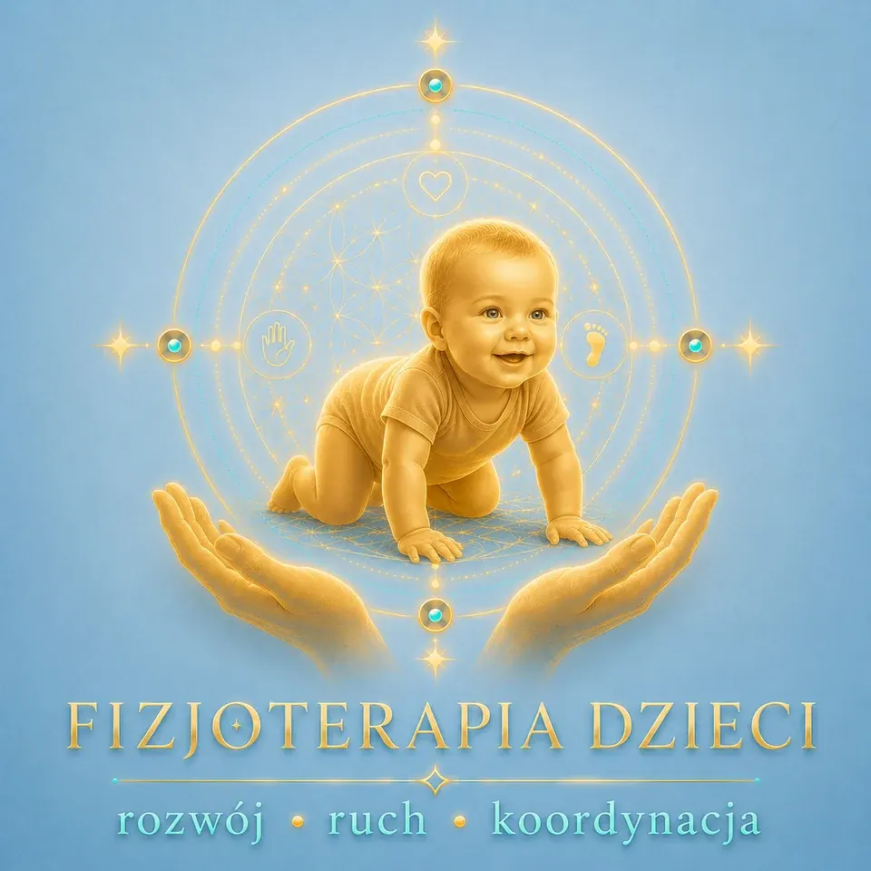 Osteopatia dziecięca od urodzenia — ilustracja raczkującego niemowlęcia nad dłońmi