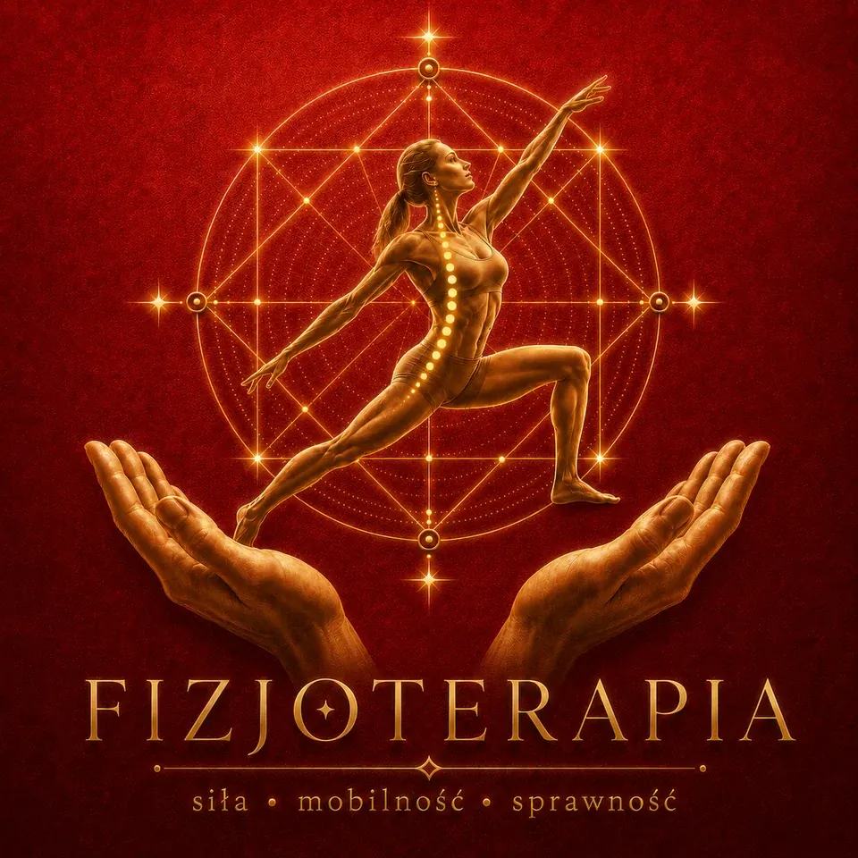 Ilustracja fizjoterapii — sylwetka w ruchu podtrzymywana przez dłonie